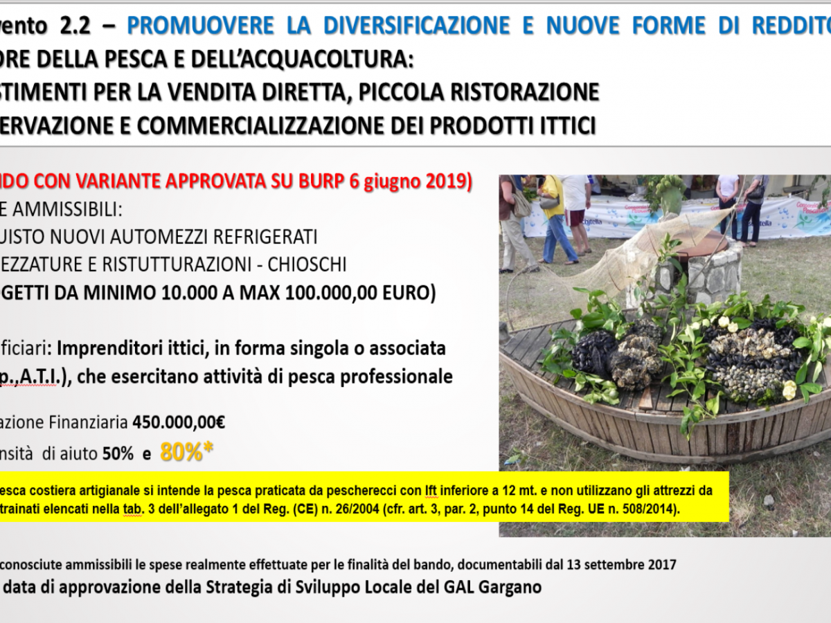 Nuovo Avviso Publico - Intervento 2.2: “Promuovere la diversificazione e nuove forme di reddito nel settore della pesca e acquacoltura: investimenti per la vendita diretta, la conservazione e commercializzazione di prodotti ittici”