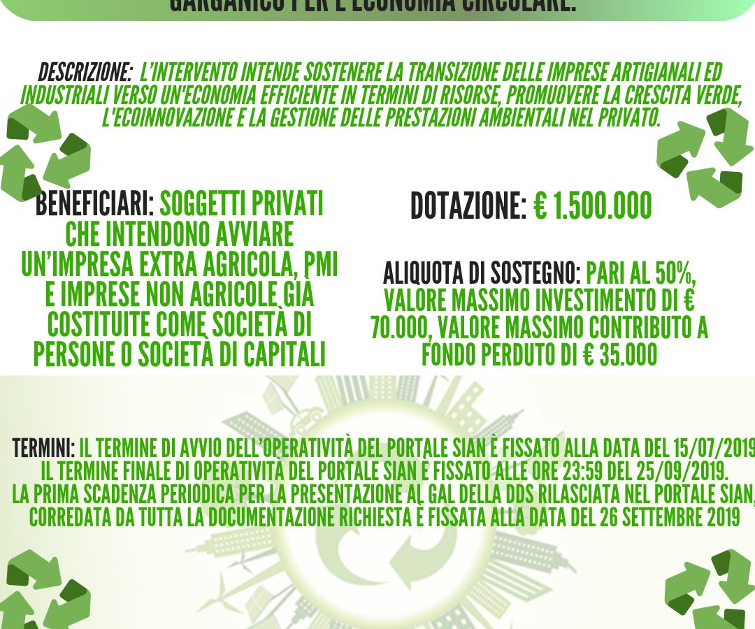 Avviso pubblico per la presentazione delle domande di sostegno. Azione 1 – Intervento 1.3 – L’anello mancante un piano di azione garganico per l’economia circolare.