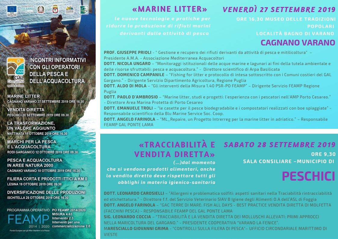 Incontri formativi/informativi con gli operatori della pesca e dell'acquacoltura: programma del 27 settembre a Cagnano Varano e del 28 settembre a Peschici
