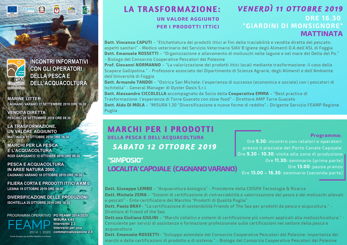 11 ottobre a Mattinata e  12 ottobre a Capojale (Cagnano Varano)  - Incontri formativi/informativi con gli operatori della pesca e dell'acquacoltura: